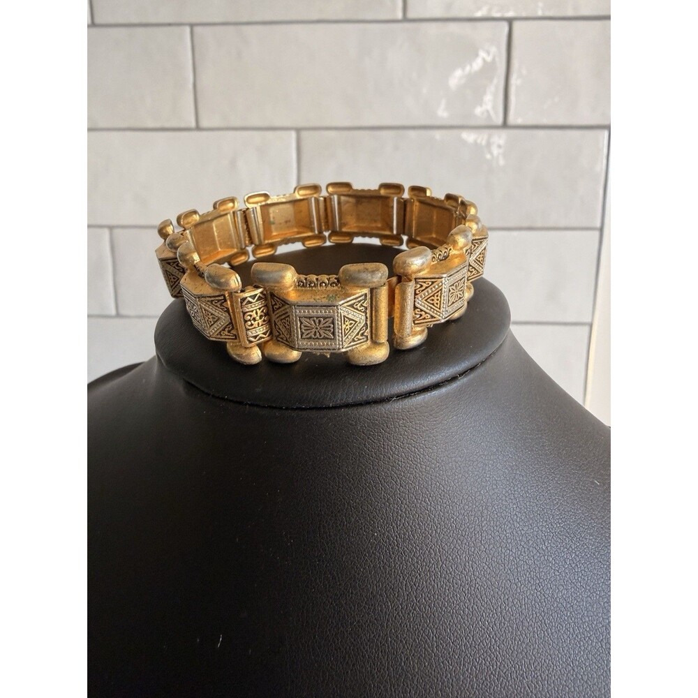 Vintage Toledo Damascene Gold Plated Ornate Link Bracelet Spain Floral Geometric